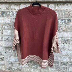 Cocobleu S/M Rust Cream Striped Oversized Poncho Sweater Batwing Boho